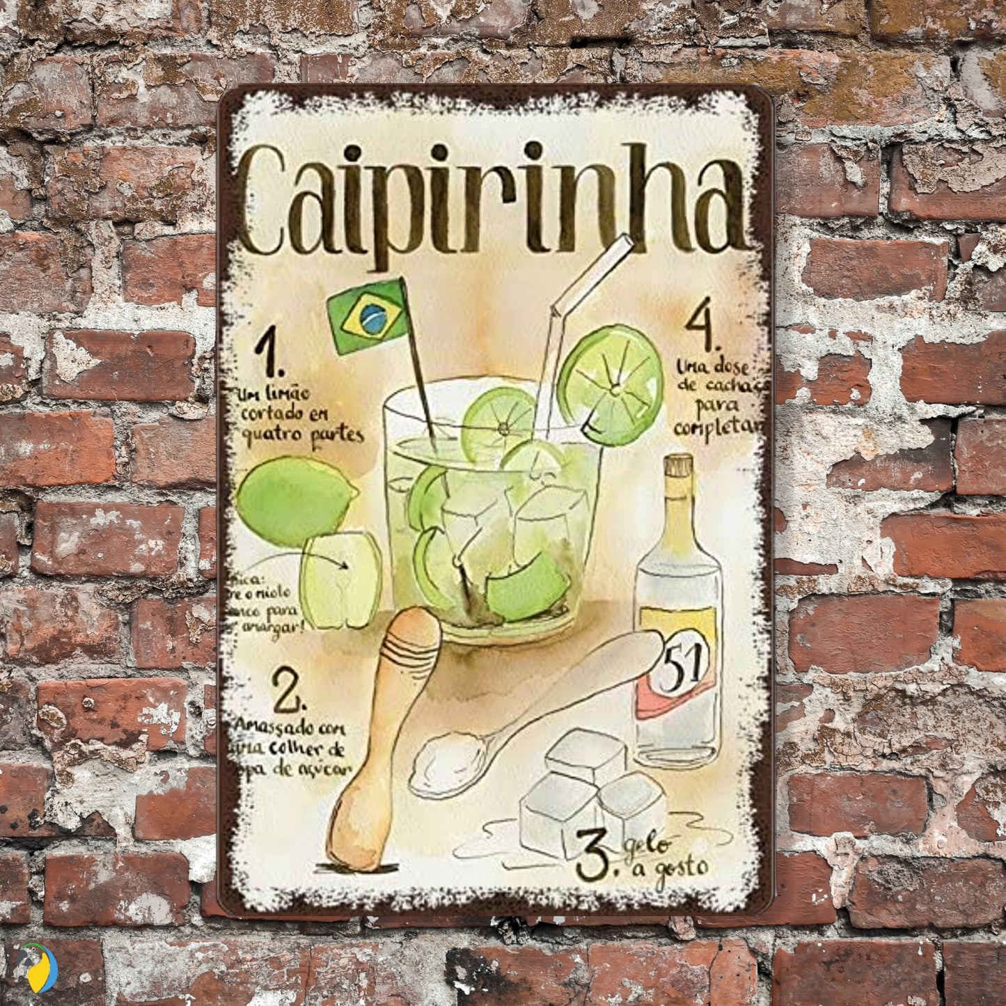 Metal Print Of Brazil Caipirinha Cocktail Cachaca Recipe | Brazilian Vintage Tin Sign | Retro Wall Art For Kitchen Bar Coffee Shop | Papagaio Studio Etsy Shop