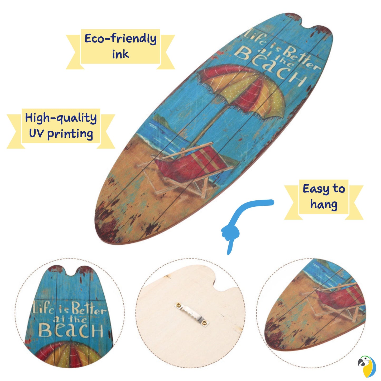 Decorative Wood Surfboard Shaped Wall Hanging For Beach & Coastal Decor | Ocean Surfing Wooden Print Ornament | Surf Sign Gift For Surfers | Papagaio Studio Etsy Shop