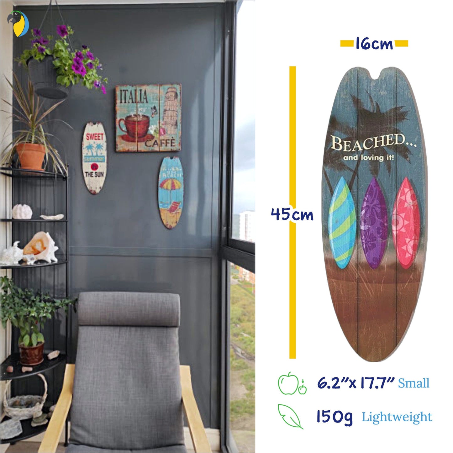 Decorative Wood Surfboard Shaped Wall Hanging For Beach & Coastal Decor | Ocean Surfing Wooden Print Ornament | Surf Sign Gift For Surfers | Papagaio Studio Etsy Shop