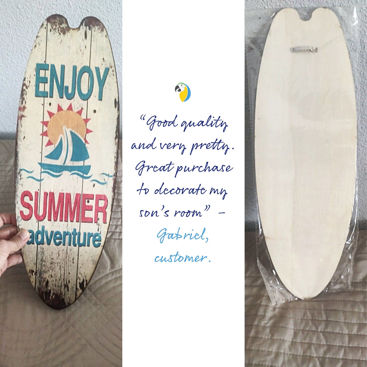 Decorative Wood Surfboard Shaped Wall Hanging For Beach & Coastal Decor | Ocean Surfing Wooden Print Ornament | Surf Sign Gift For Surfers | Papagaio Studio Etsy Shop