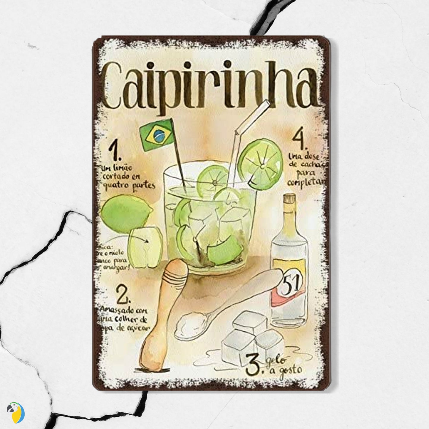 Metal Print Of Brazil Caipirinha Cocktail Cachaca Recipe | Brazilian Vintage Tin Sign | Retro Wall Art For Kitchen Bar Coffee Shop | Papagaio Studio Etsy Shop