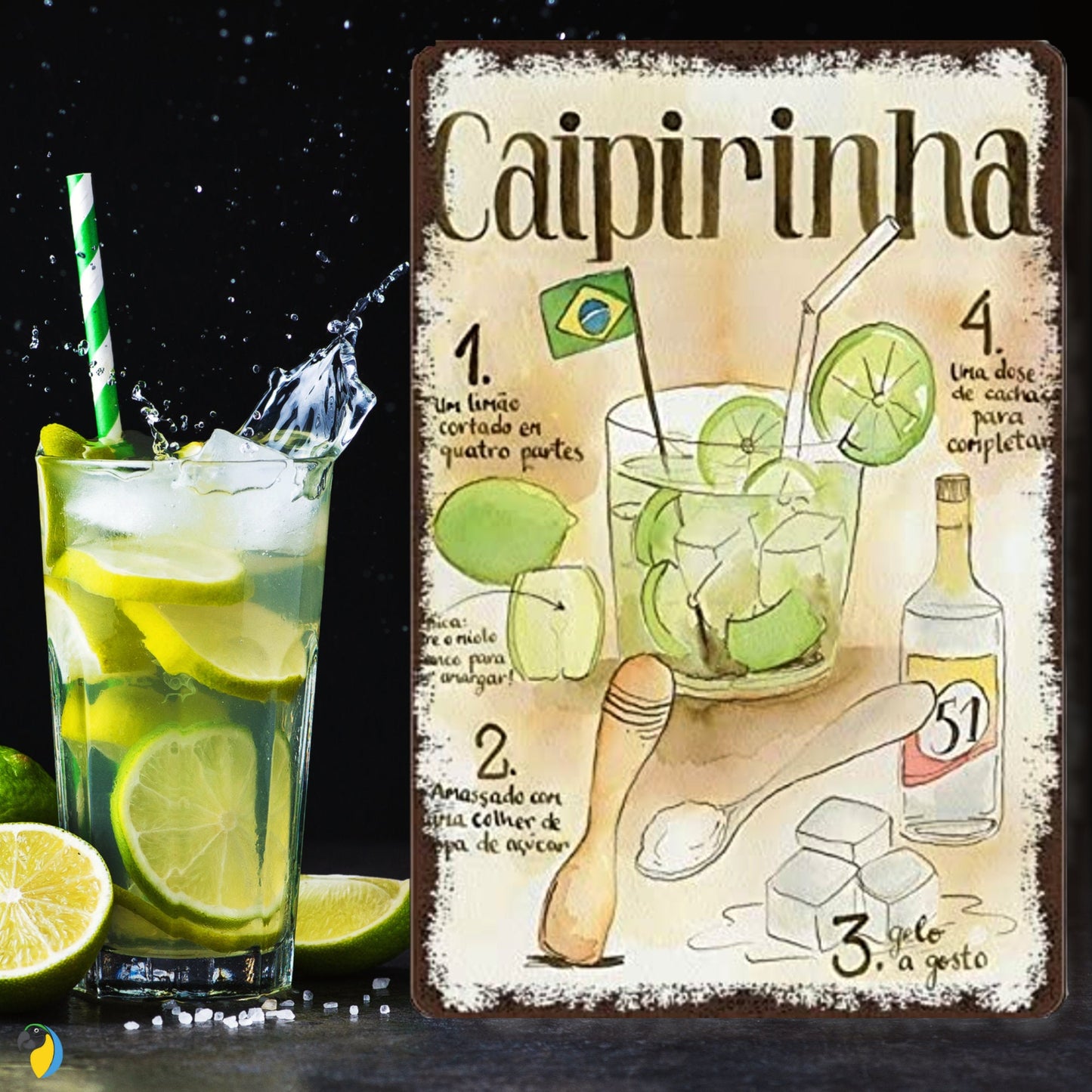 Metal Print Of Brazil Caipirinha Cocktail Cachaca Recipe | Brazilian Vintage Tin Sign | Retro Wall Art For Kitchen Bar Coffee Shop | Papagaio Studio Etsy Shop