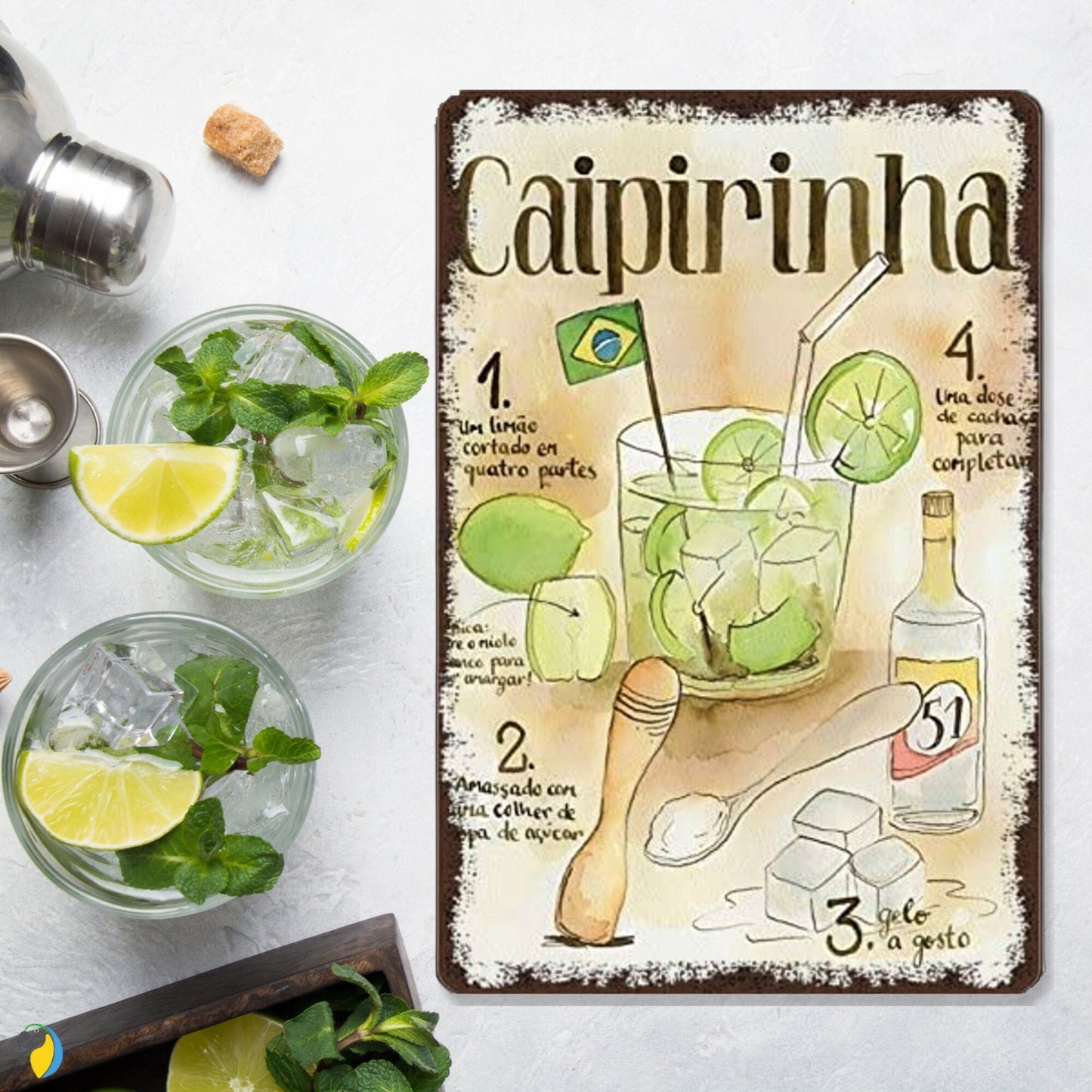 Metal Print Of Brazil Caipirinha Cocktail Cachaca Recipe | Brazilian Vintage Tin Sign | Retro Wall Art For Kitchen Bar Coffee Shop | Papagaio Studio Etsy Shop