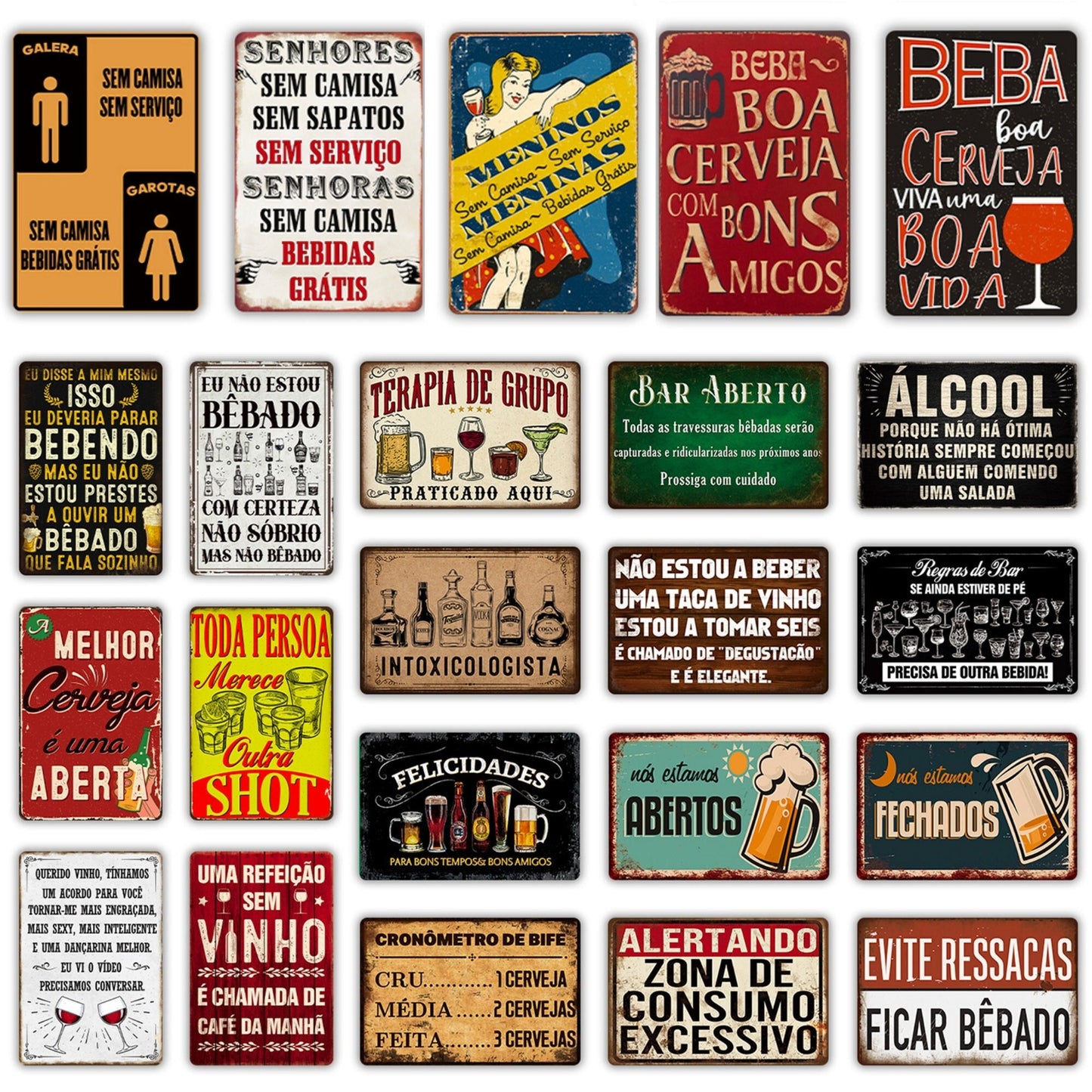 Funny Bar Signs In Brazilian Portuguese | Wine Beer Metal Prints For Brazil-Themed Kitchen Decor | Alcohol Drinking Vintage Tin Plaques