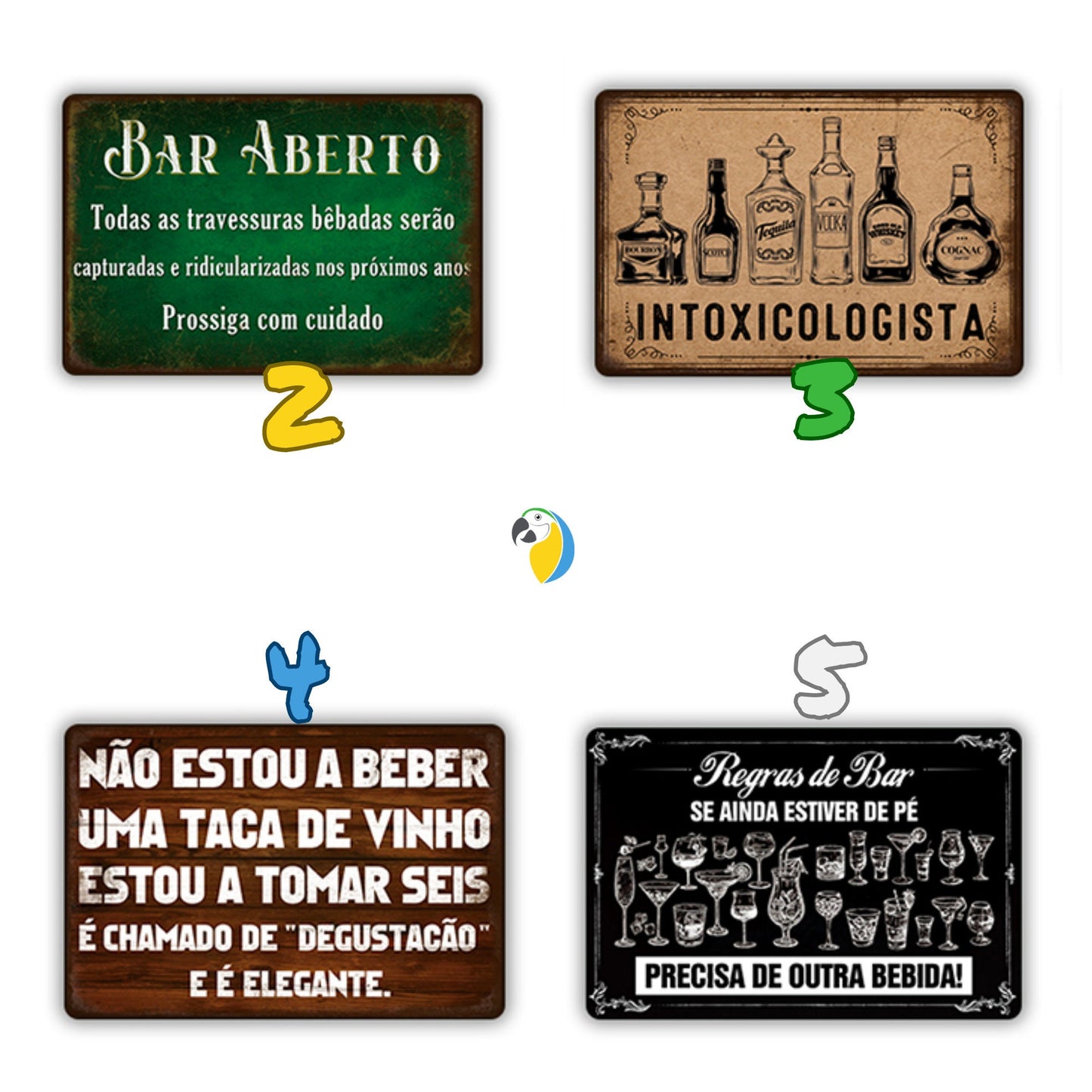 Funny Bar Signs In Brazilian Portuguese | Wine Beer Metal Prints For Brazil-Themed Kitchen Decor | Alcohol Drinking Vintage Tin Plaques | Papagaio Studio Etsy Shop