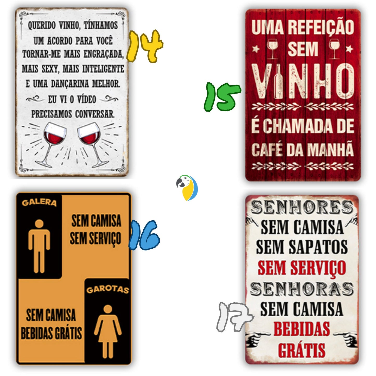 Funny Bar Signs In Brazilian Portuguese | Wine Beer Metal Prints For Brazil-Themed Kitchen Decor | Alcohol Drinking Vintage Tin Plaques | Papagaio Studio Etsy Shop