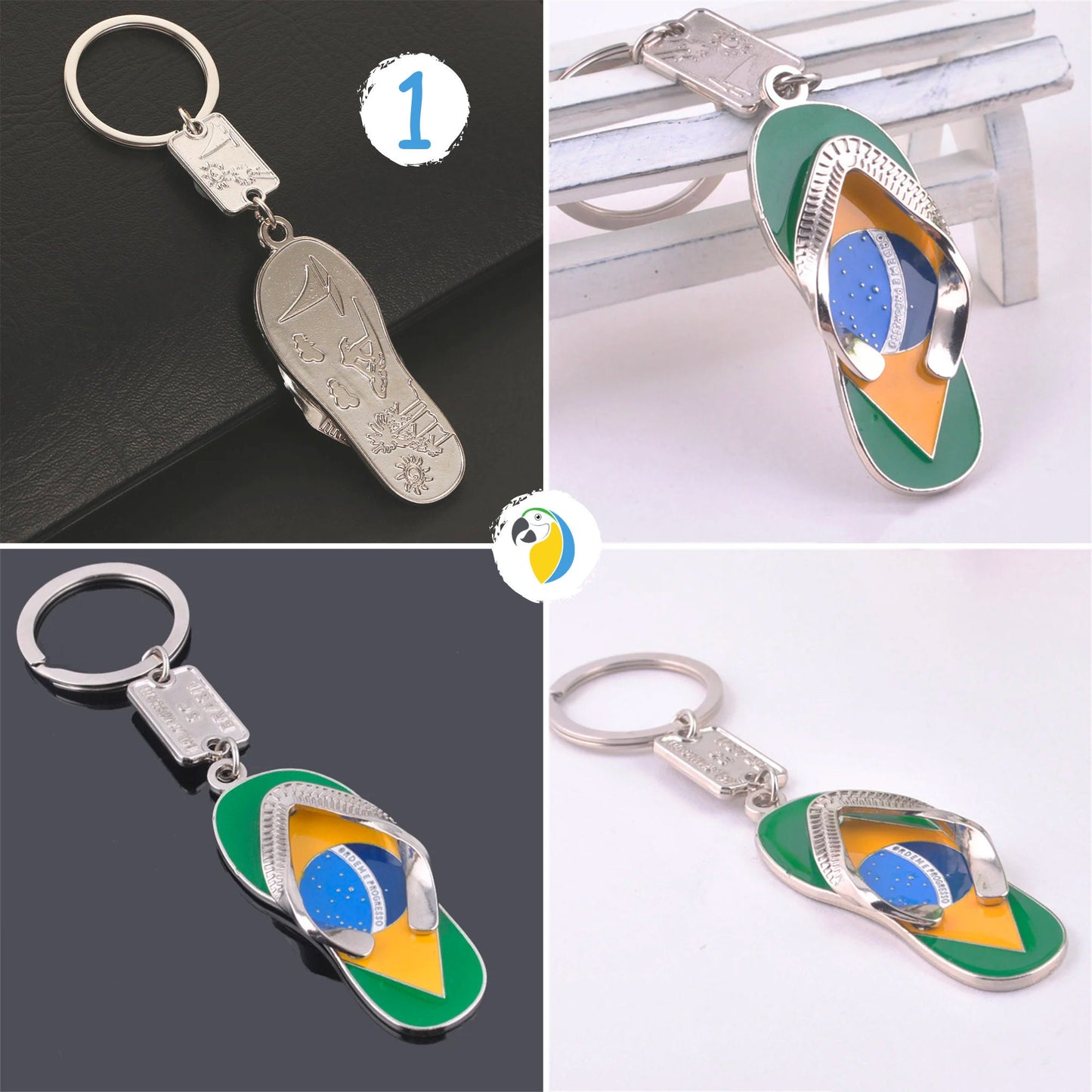 Brazil Flag Soccer Keychain | Brazilian Slippers Charm Keyring | Travel Souvenir Car Key Pendants | Football Double-Sided Print Jewelry Gift | Papagaio Studio Etsy Shop