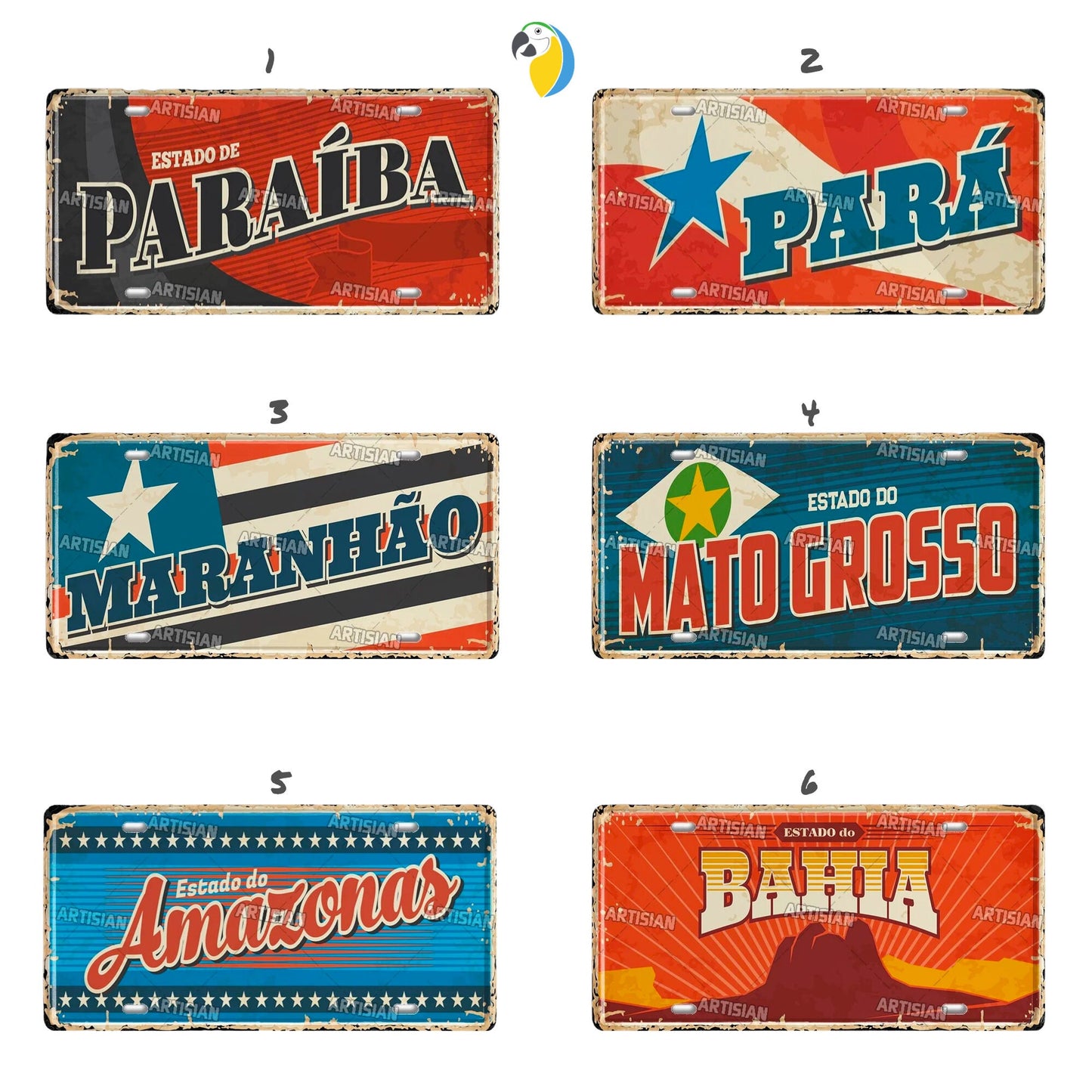 Brazilian States License Plate | Brazil City Names Metal Tin Sign | Retro Wall Hanging Print | Vintage Shabby Chic South American Deco | Papagaio Studio Etsy Shop