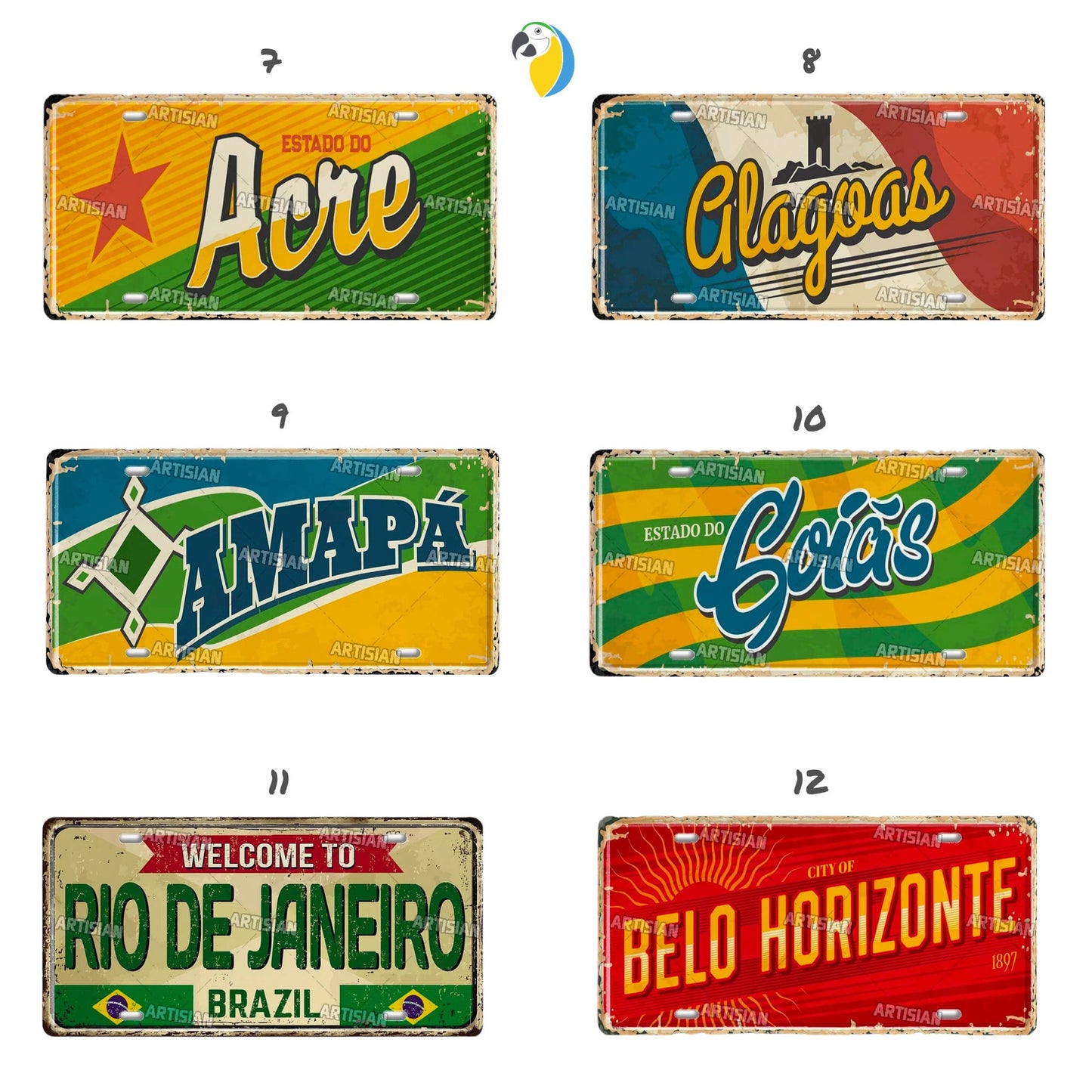 Brazilian States License Plate | Brazil City Names Metal Tin Sign | Retro Wall Hanging Print | Vintage Shabby Chic South American Deco | Papagaio Studio Etsy Shop