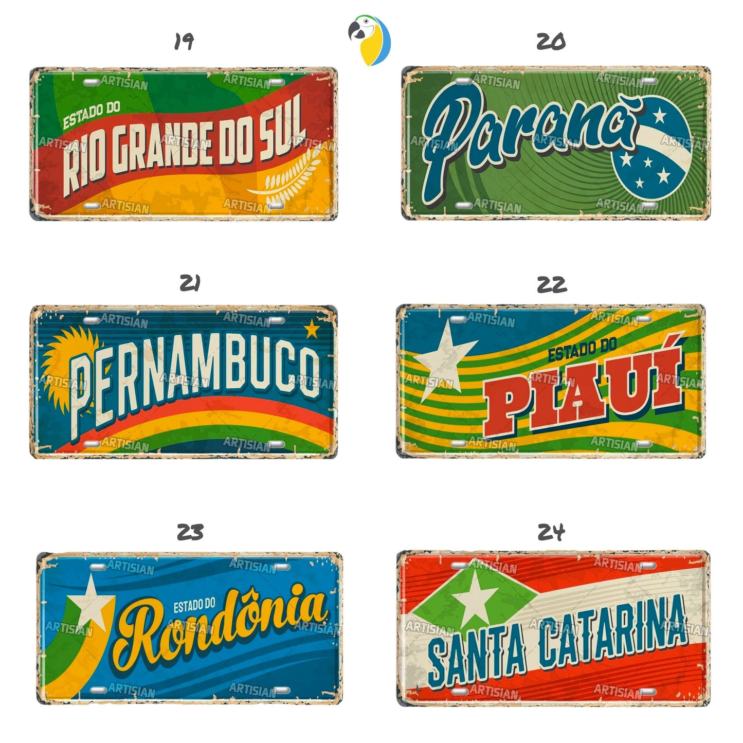 Brazilian States License Plate | Brazil City Names Metal Tin Sign | Retro Wall Hanging Print | Vintage Shabby Chic South American Deco | Papagaio Studio Etsy Shop