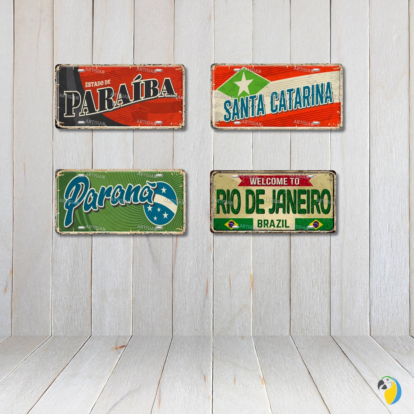 Brazilian States License Plate | Brazil City Names Metal Tin Sign | Retro Wall Hanging Print | Vintage Shabby Chic South American Deco | Papagaio Studio Etsy Shop