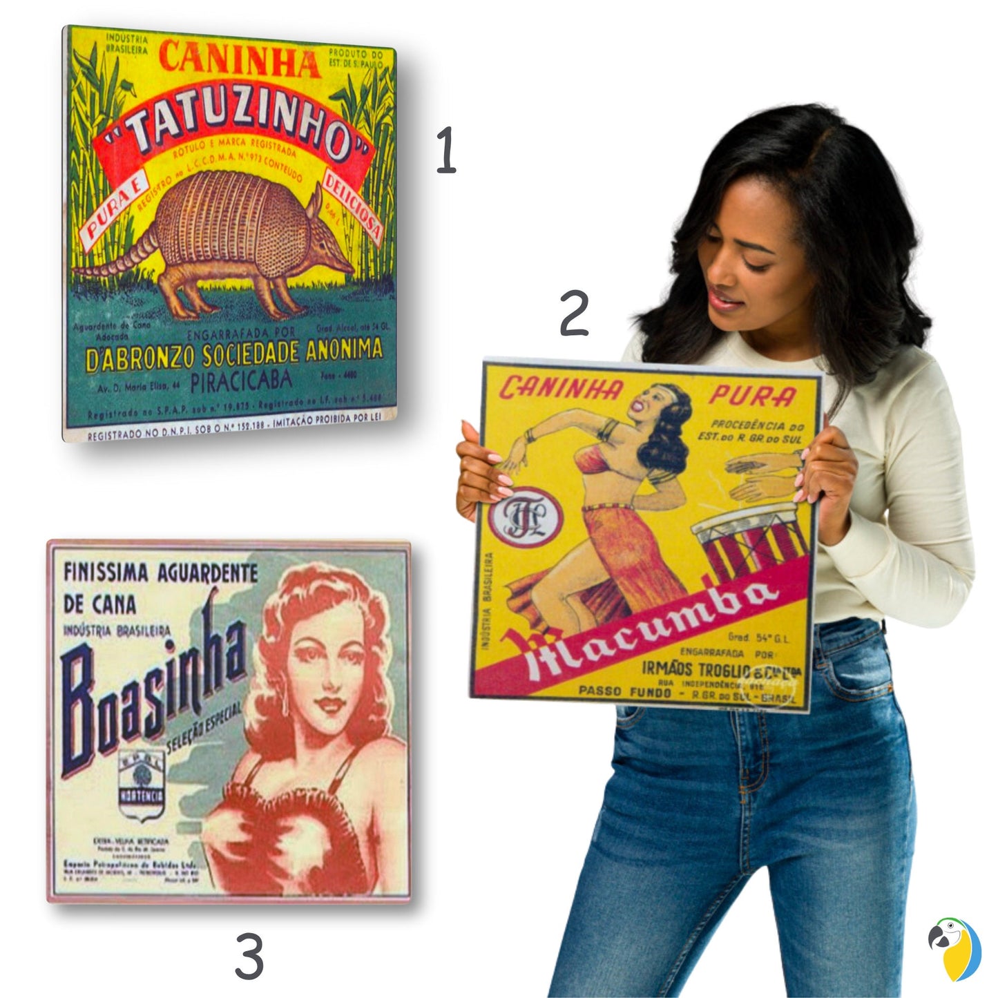 Vintage Brazilian Cachaça Label Tin Sign | Retro Brazil Cigarettes & Spirits Brands Metal Print | Funny Old Aguardente Bottle Wall Hanging | Papagaio Studio Etsy Shop