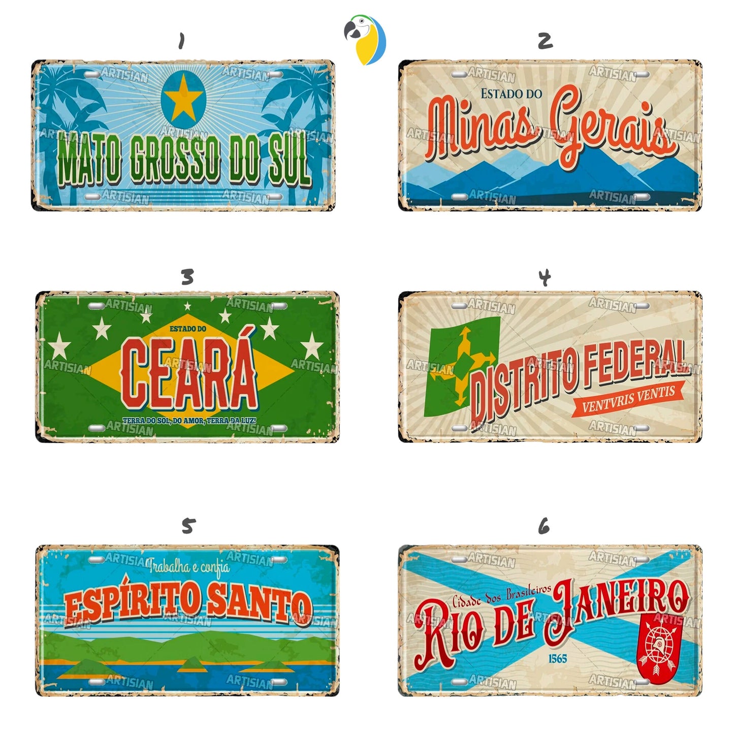 Brazilian States License Plate | Brazil City Names Tin Sign | Retro Wall Hanging Metal Print | Vintage Shabby Chic South American Decor | Papagaio Studio Etsy Shop