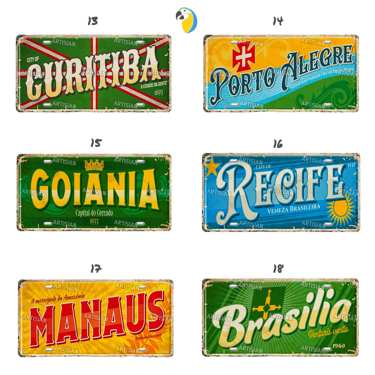 Brazilian States License Plate | Brazil City Names Metal Tin Sign | Retro Wall Hanging Print | Vintage Shabby Chic South American Deco | Papagaio Studio Etsy Shop