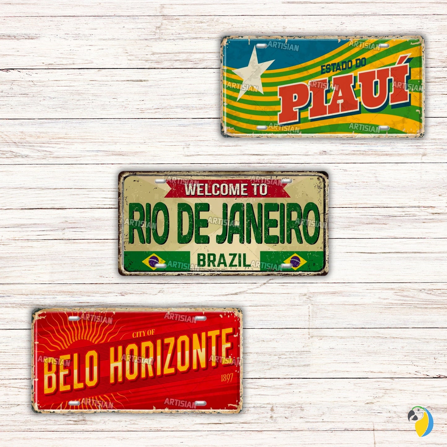 Brazilian States License Plate | Brazil City Names Metal Tin Sign | Retro Wall Hanging Print | Vintage Shabby Chic South American Deco | Papagaio Studio Etsy Shop