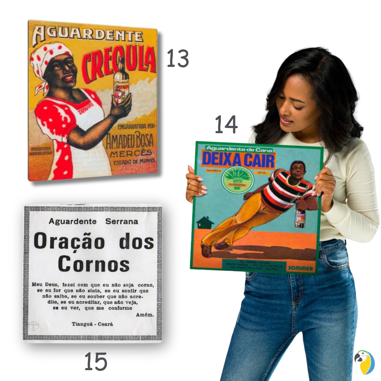 Vintage Brazilian Cachaça Label Tin Sign | Retro Brazil Cigarettes & Spirits Brands Metal Print | Funny Old Aguardente Bottle Wall Hanging | Papagaio Studio Etsy Shop