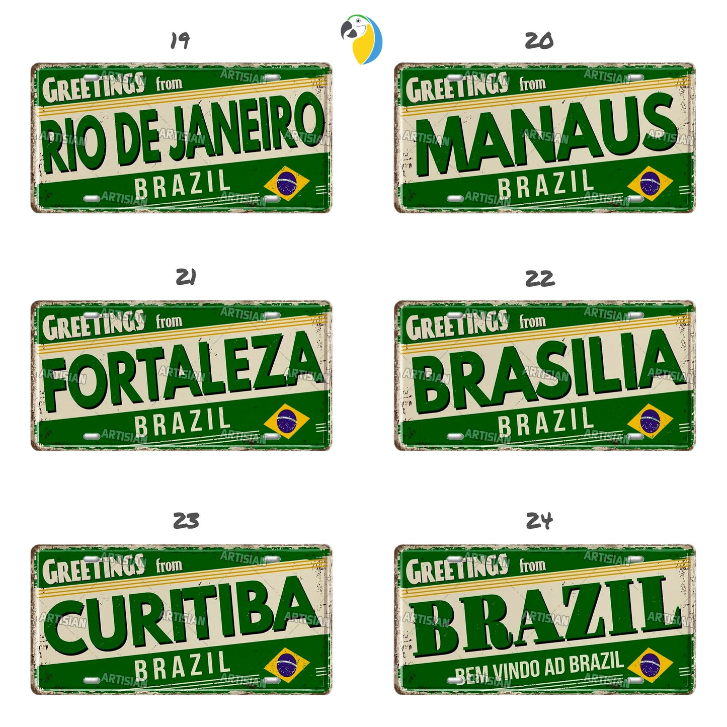 Brazilian States License Plate | Brazil City Names Tin Sign | Retro Wall Hanging Metal Print | Vintage Shabby Chic South American Decor | Papagaio Studio Etsy Shop