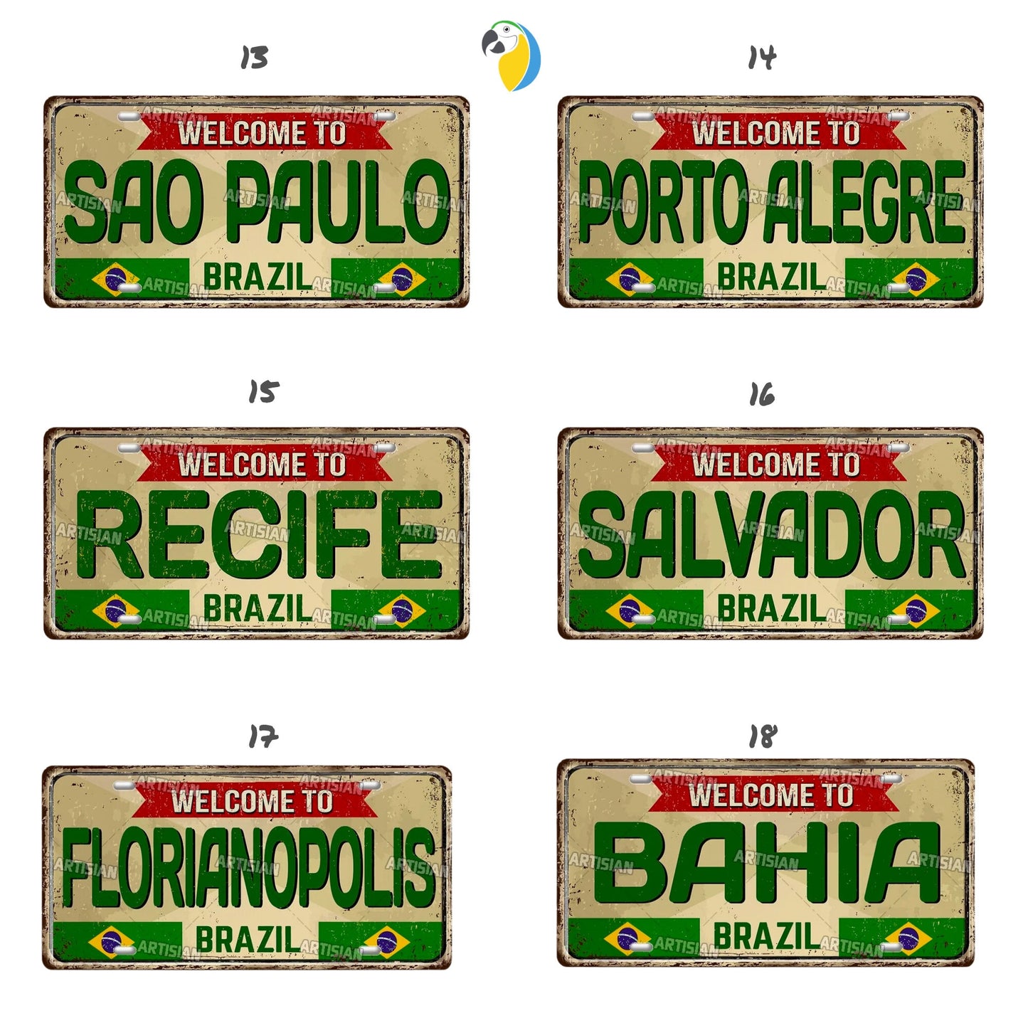 Brazilian States License Plate | Brazil City Names Tin Sign | Retro Wall Hanging Metal Print | Vintage Shabby Chic South American Decor | Papagaio Studio Etsy Shop