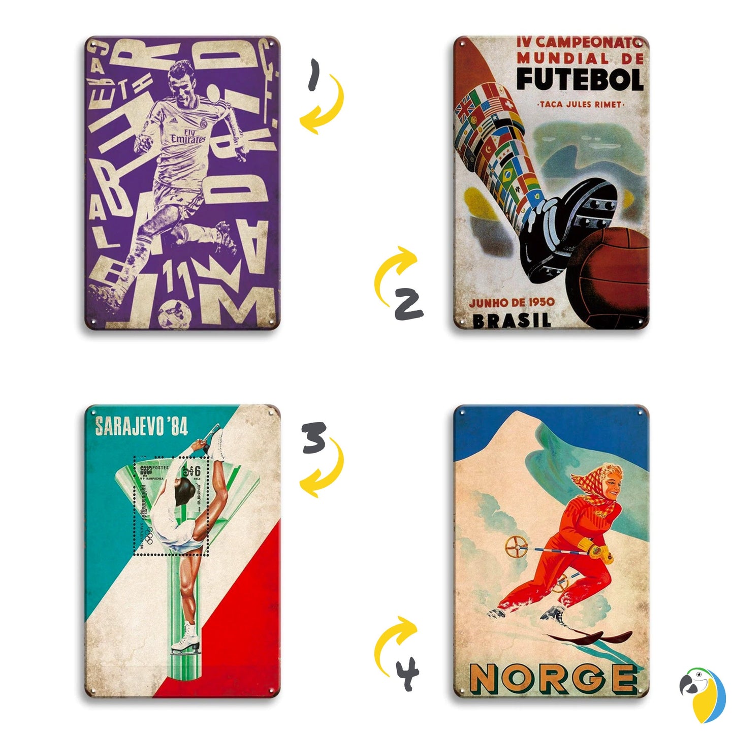 Retro Sports Poster Tin Sign | Vintage Football Metal Print | 1920s Skiing & Gymnastics Wall Hanging Decor For Men's Cave, Game Room, Bar | Papagaio Studio Etsy Shop
