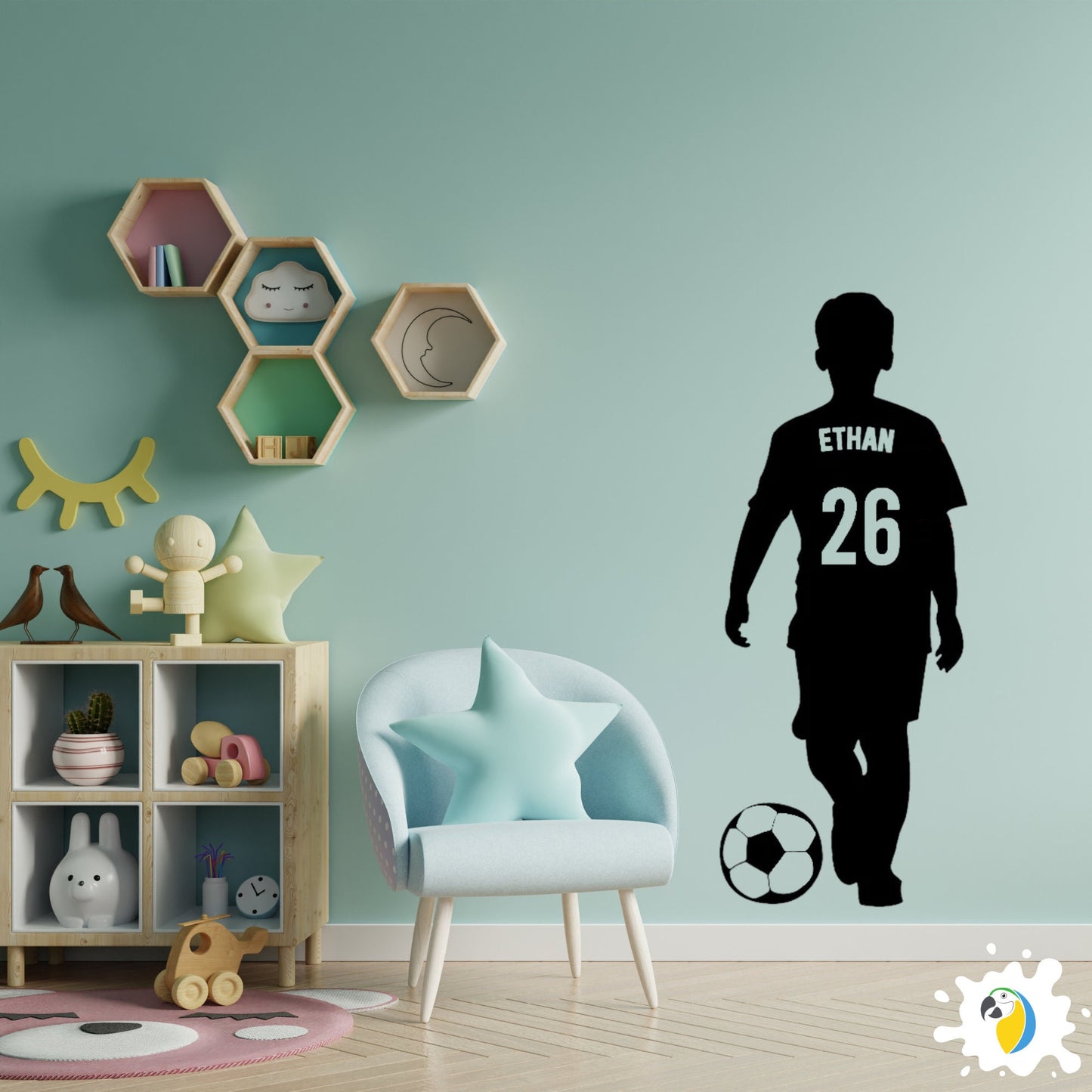 Custom Name and Number Soccer Player Wall Decal | DIY Home Decor For Boys Room | Personalized Sport Football Vinyl Sticker Poster | Papagaio Studio Etsy Shop