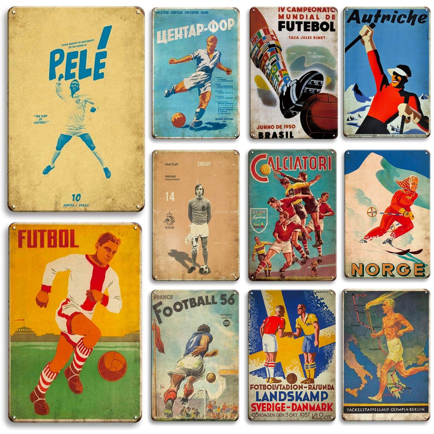 Retro Sports Poster Tin Sign | Vintage Football Metal Print | 1920s Skiing & Gymnastics Wall Hanging Decor For Men's Cave, Game Room, Bar