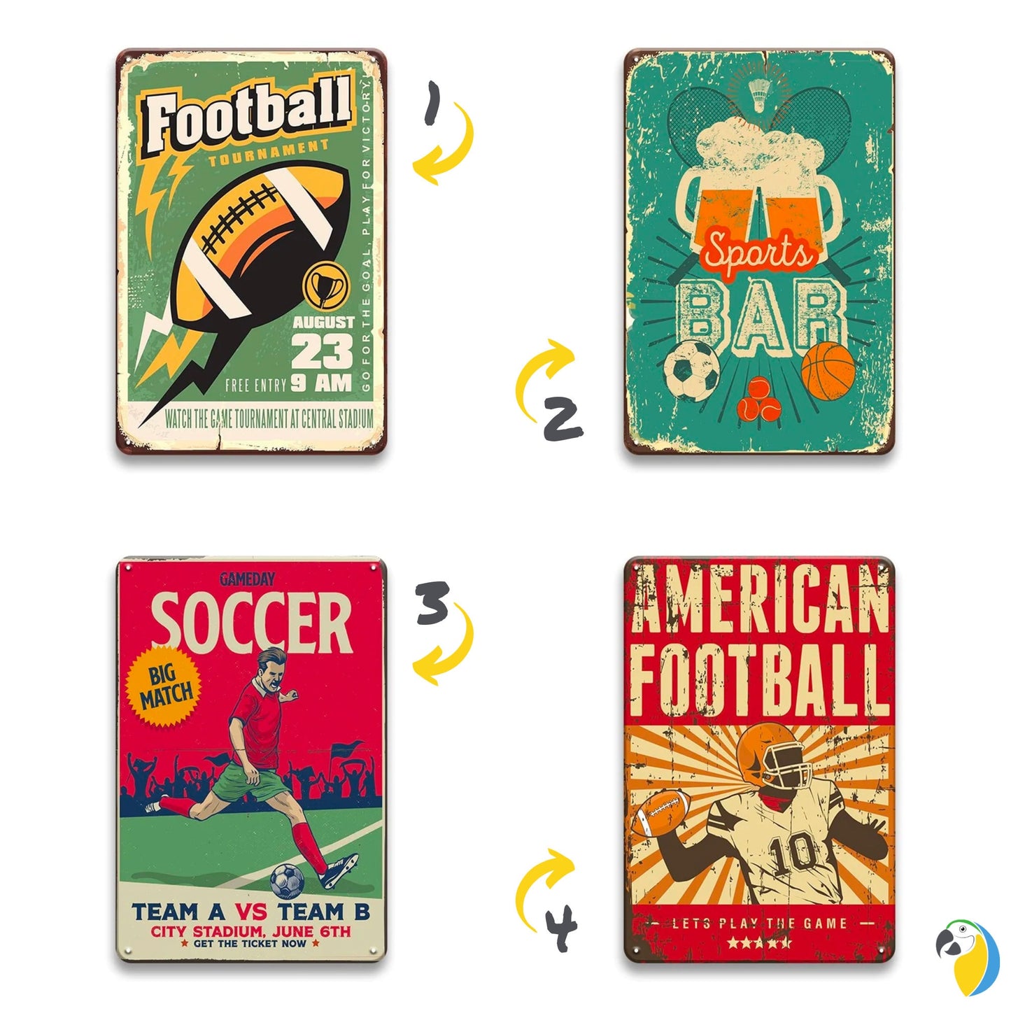 Vintage Ball Sports Tin Sign | Football Baseball Basketball Soccer Futsal Retro Posters Metal Plaques For Men Cave Bar Game Room Decor | Papagaio Studio Etsy Shop