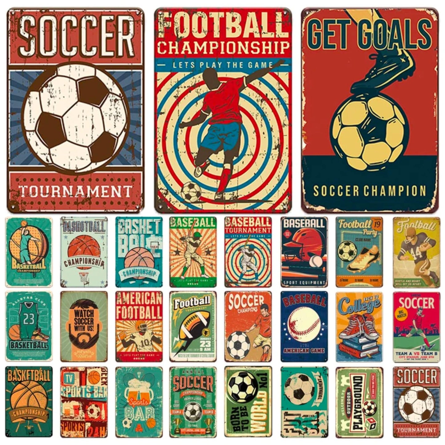 Vintage Ball Sports Tin Sign | Football Baseball Basketball Soccer Futsal Retro Posters Metal Plaques For Men Cave Bar Game Room Decor | Papagaio Studio Etsy Shop