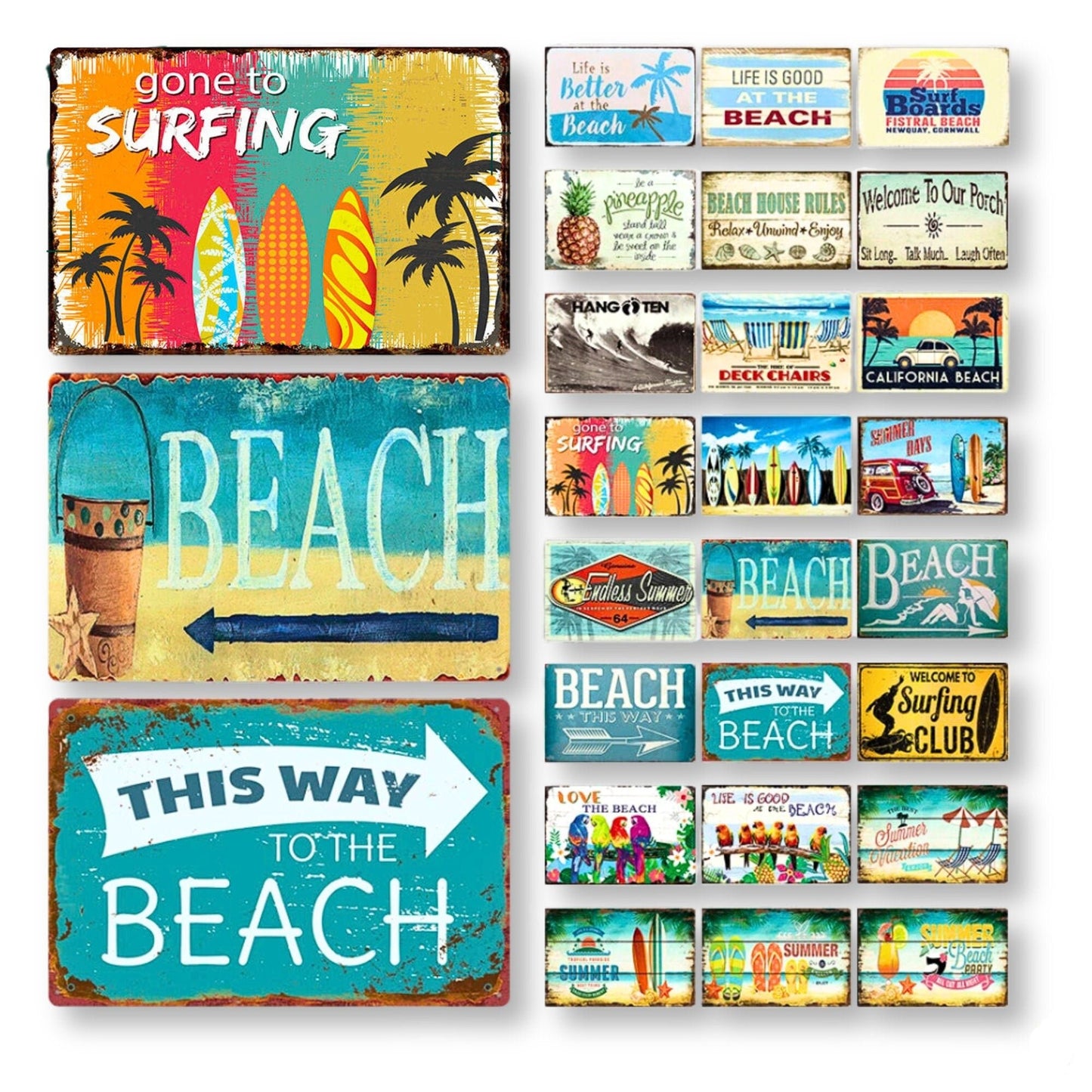 Summer Beach Tin Sign | Vintage Surfing Metal Plaque | Seaside Surfboard Decorative HD Print Wall Hanging Decor for Surf Bar Beach House | Papagaio Studio Etsy Shop