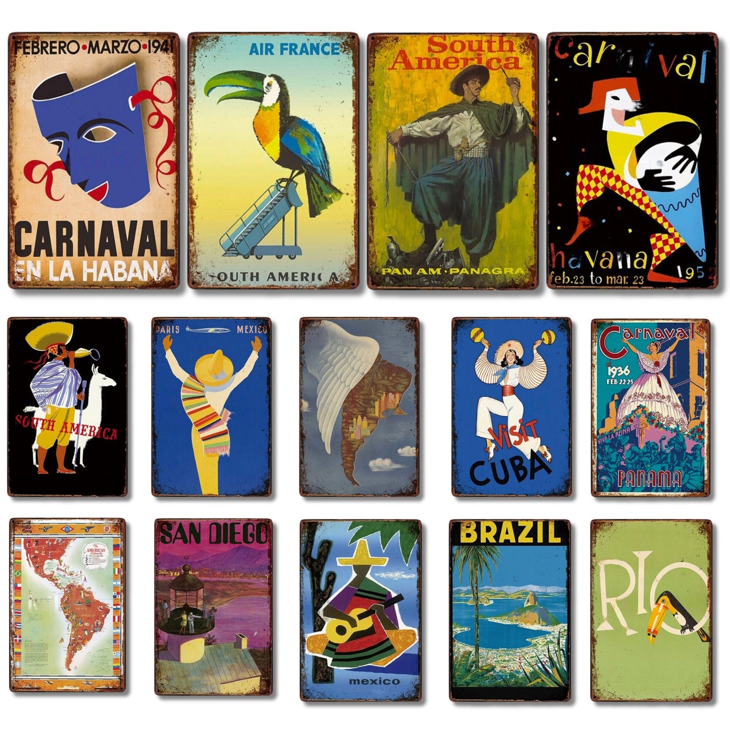 Tropical Country Travel Poster Tin Sign | Brazil & South America Wall Hanging | Carnival Cuba Hawaii Guatemala Sunny Countries Metal Print