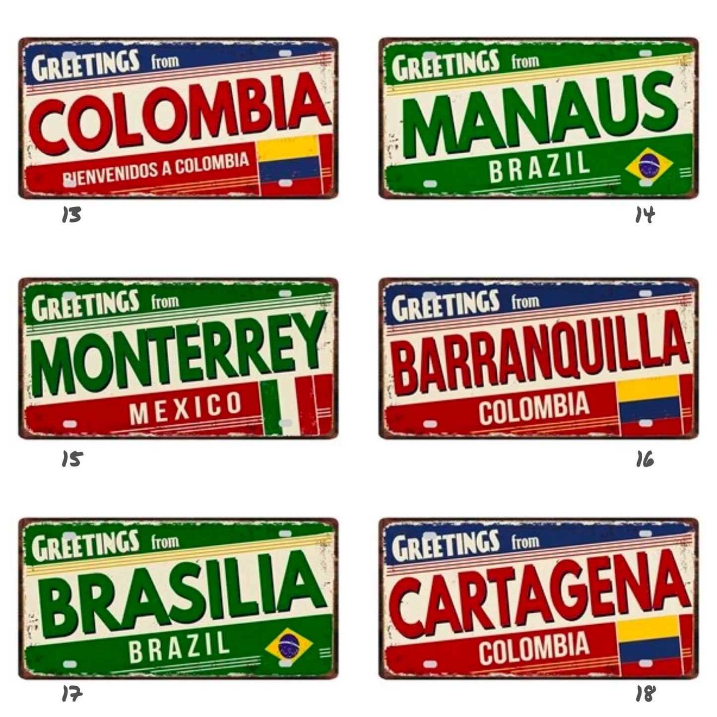 Colombia Mexico Brazil City Tin Sign | Latin America Tourist Souvenir Metal Plaque | Shabby Chic Home Decor Wall Art Gift For Latino | Papagaio Studio Etsy Shop