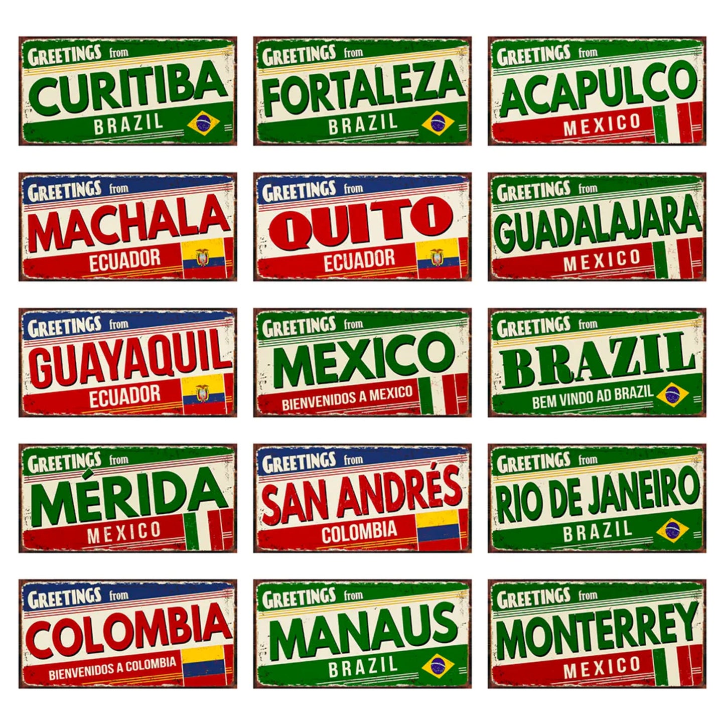 Colombia Mexico Brazil City Tin Sign | Latin America Tourist Souvenir Metal Plaque | Shabby Chic Home Decor Wall Art Gift For Latino | Papagaio Studio Etsy Shop
