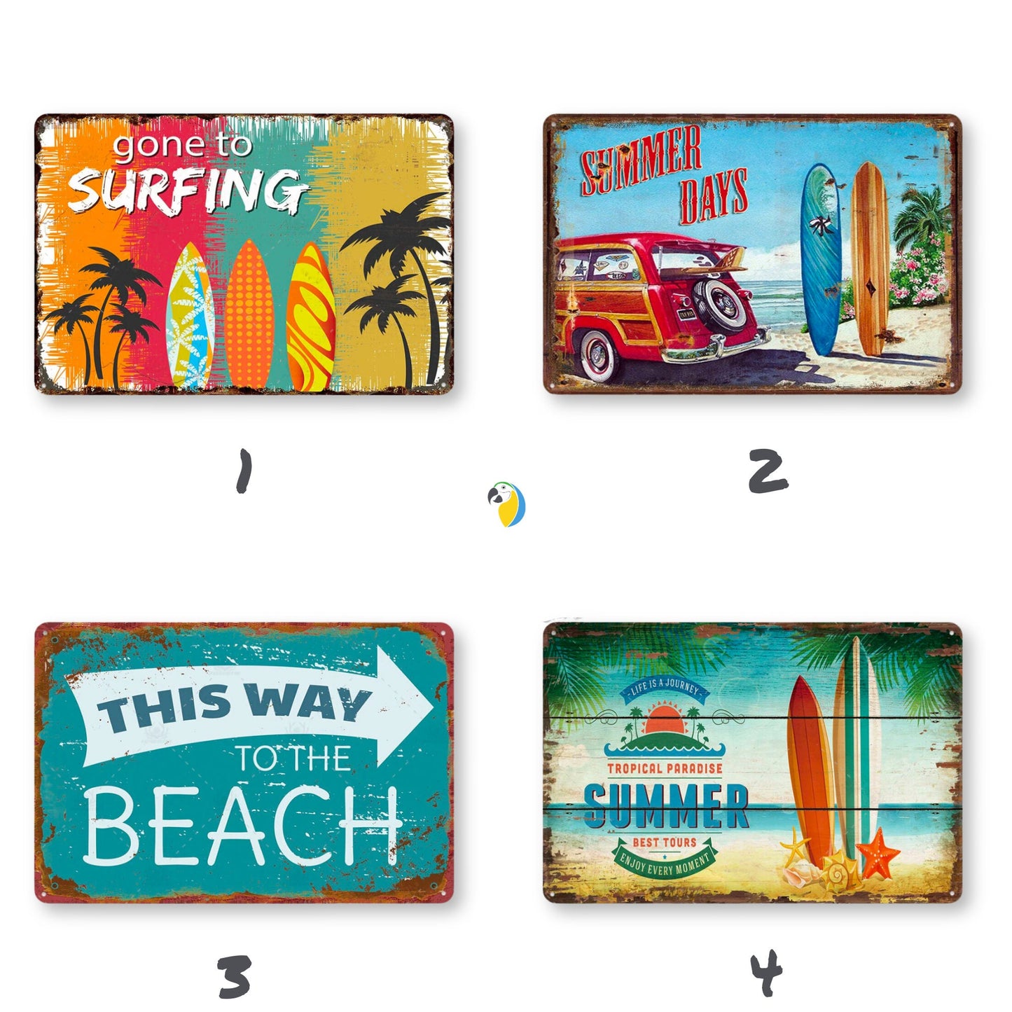 Summer Beach Tin Sign | Vintage Surfing Metal Plaque | Seaside Surfboard Decorative HD Print Wall Hanging Decor for Surf Bar Beach House | Papagaio Studio Etsy Shop