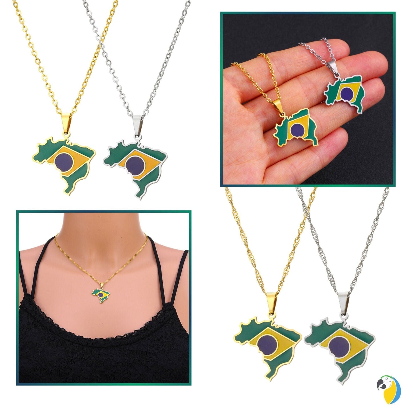 Brazil Map Necklace | Silver Or Gold-Plated Stainless Steel Pendant Of Brazilian National Flag | South American Jewelry Gift For Sports Fan | Papagaio Studio Etsy Shop