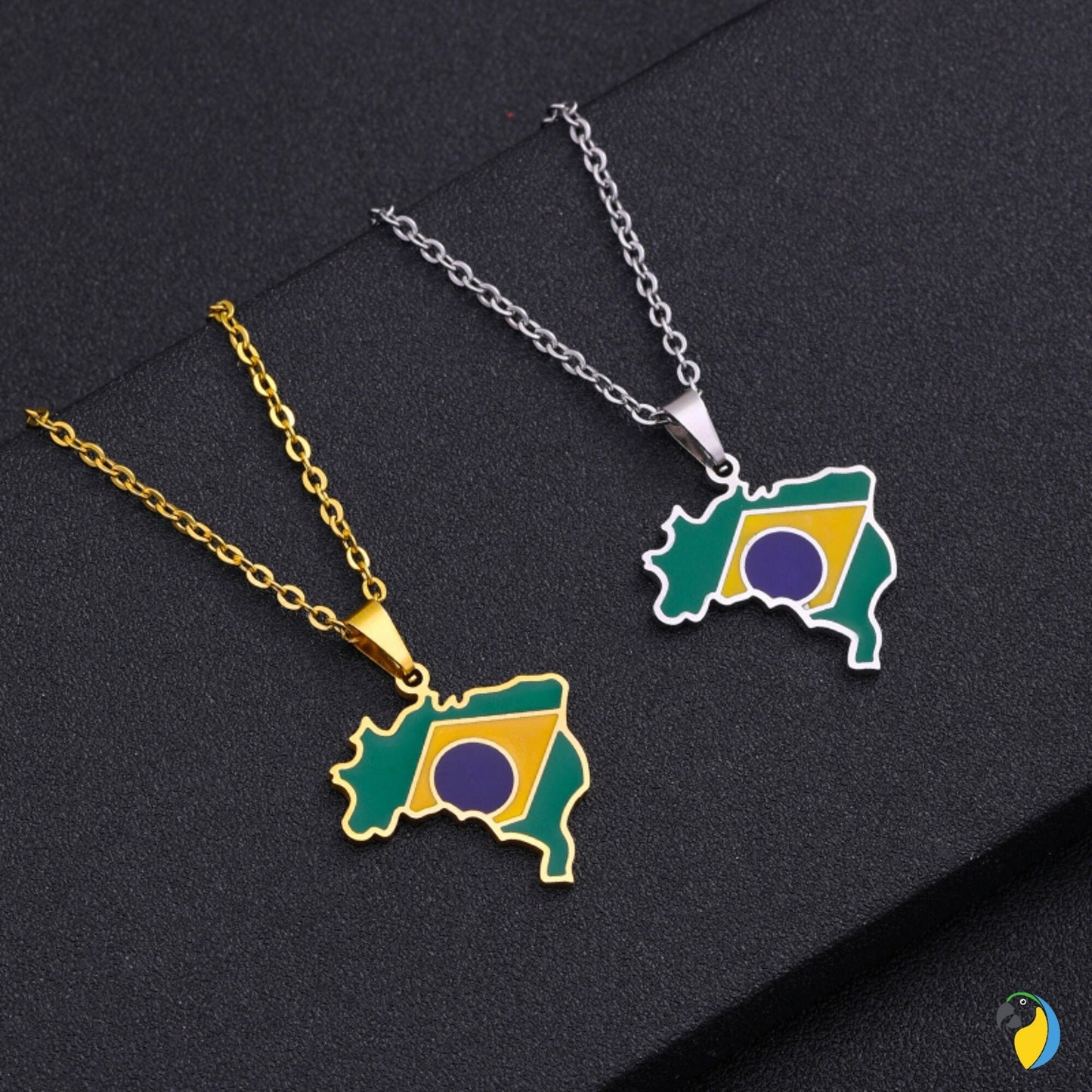 Brazil Map Necklace | Silver Or Gold-Plated Stainless Steel Pendant Of Brazilian National Flag | South American Jewelry Gift For Sports Fan | Papagaio Studio Etsy Shop
