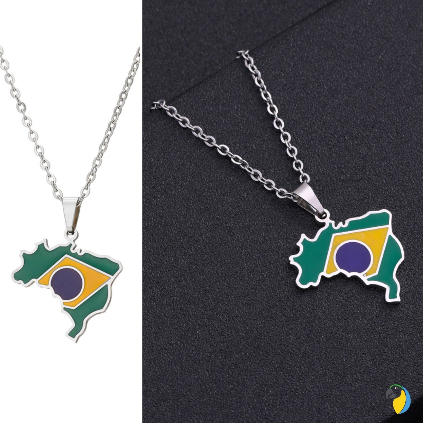 Brazil Map Necklace | Silver Or Gold-Plated Stainless Steel Pendant Of Brazilian National Flag | South American Jewelry Gift For Sports Fan | Papagaio Studio Etsy Shop