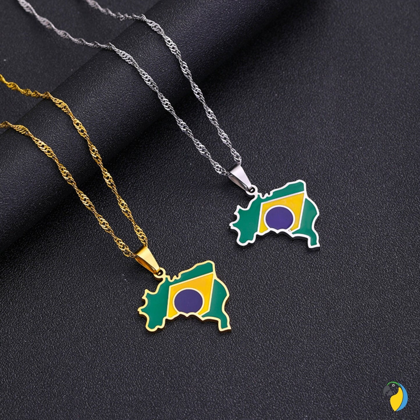 Brazil Map Necklace | Silver Or Gold-Plated Stainless Steel Pendant Of Brazilian National Flag | South American Jewelry Gift For Sports Fan | Papagaio Studio Etsy Shop