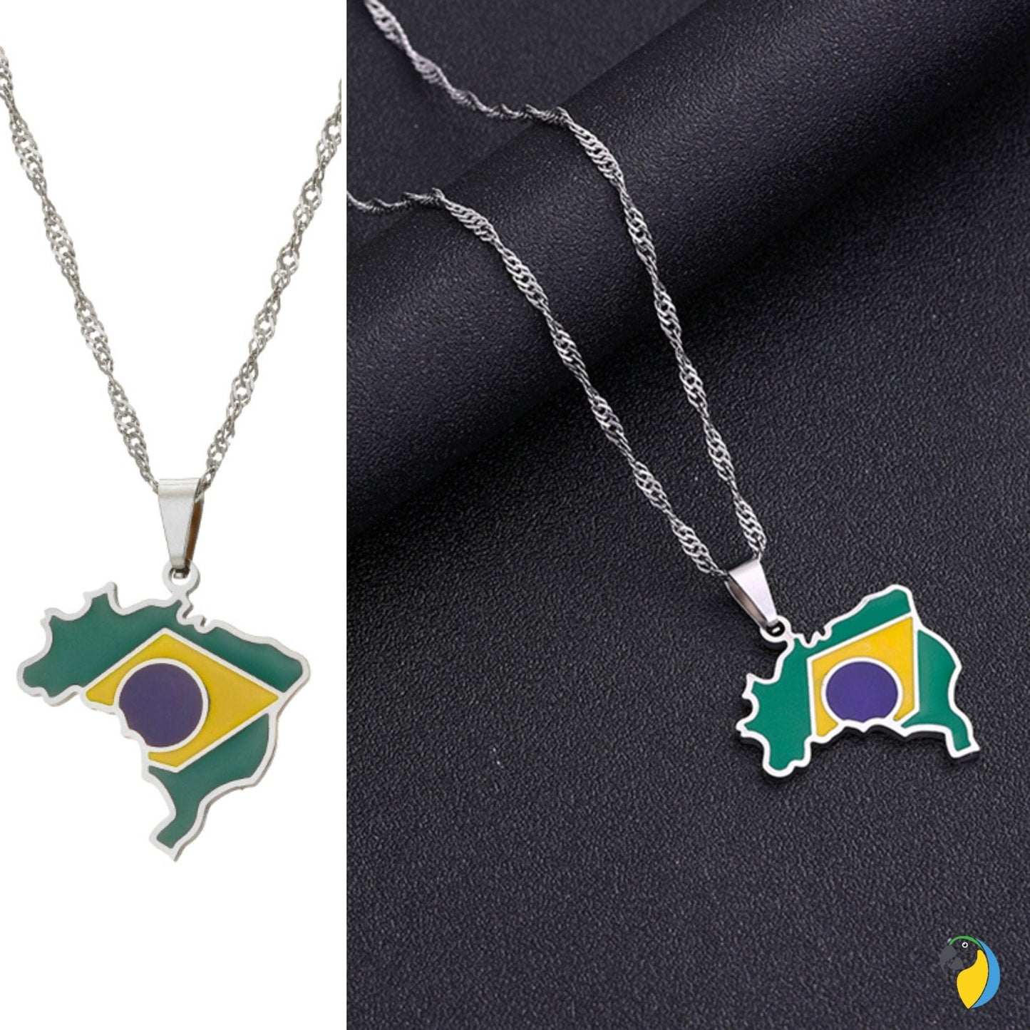 Brazil Map Necklace | Silver Or Gold-Plated Stainless Steel Pendant Of Brazilian National Flag | South American Jewelry Gift For Sports Fan | Papagaio Studio Etsy Shop