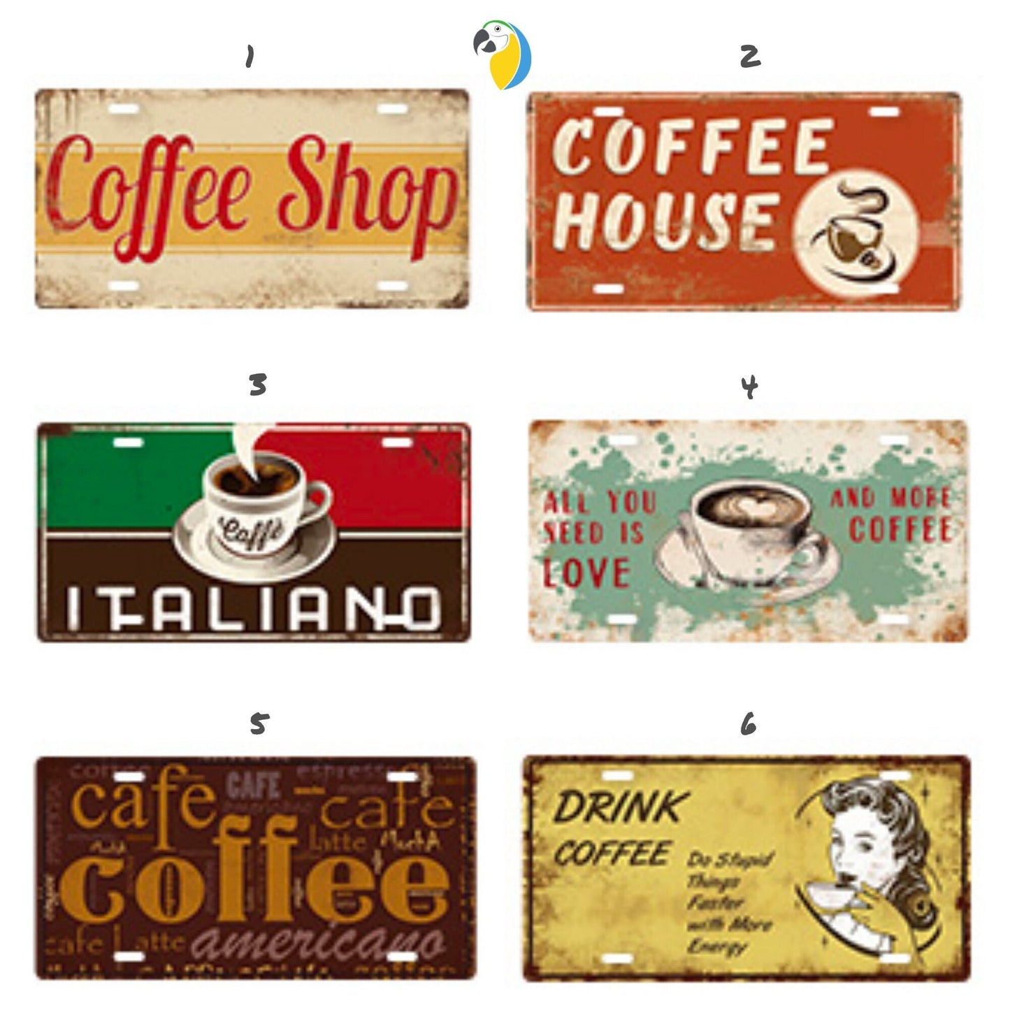 Coffee License Plate Tin Sign For Kitchen Decor | Café Decorative Metal Print | Shabby Chic Wall Hanging Plaques For Cafe Shop Cafeteria | Papagaio Studio Etsy Shop