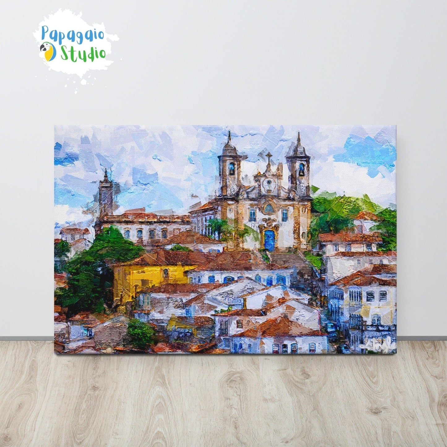 Painting Of Brazilian Village Ouro Preto | Brazil Minas Gerais Digital Thin Canvas Print Retro Decor | Impressionist Vintage Wall Art | Papagaio Studio Shop