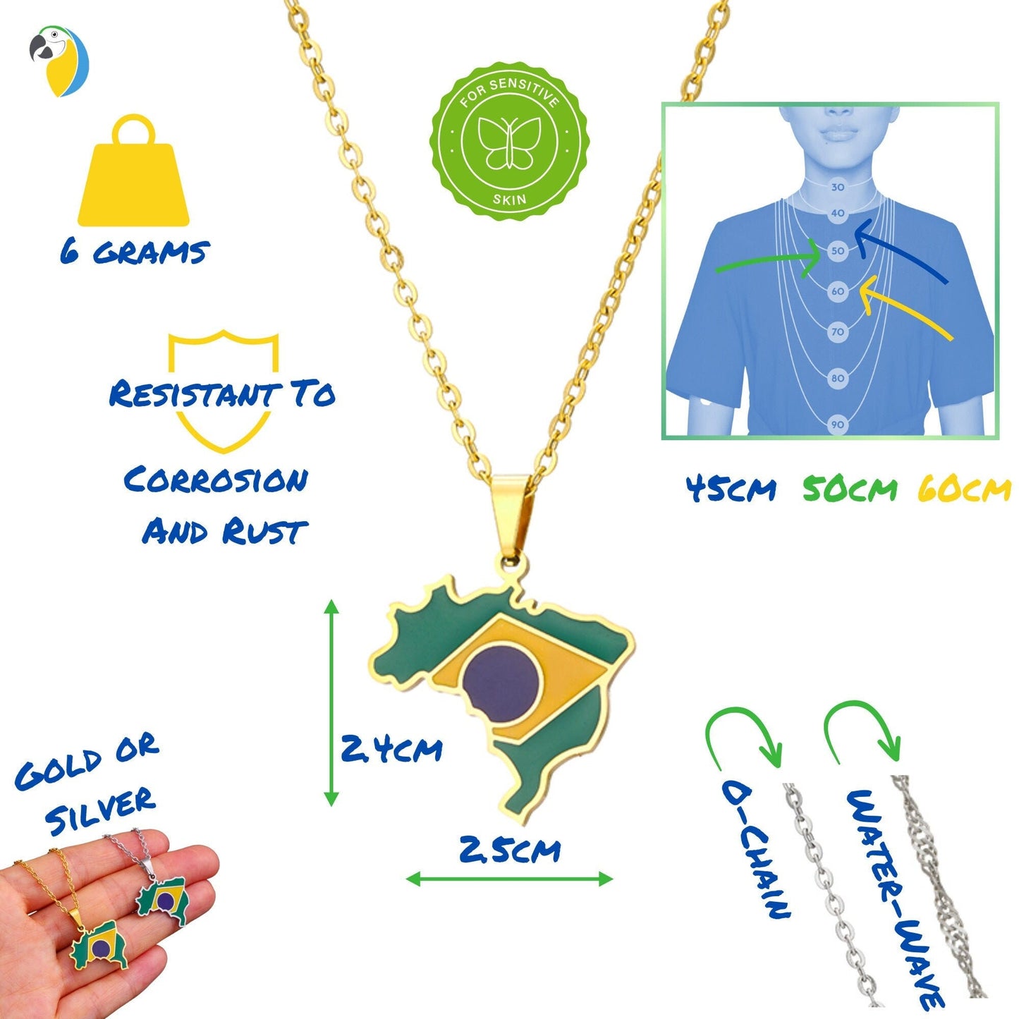 Brazil Map Necklace | Silver Or Gold-Plated Stainless Steel Pendant Of Brazilian National Flag | South American Jewelry Gift For Sports Fan