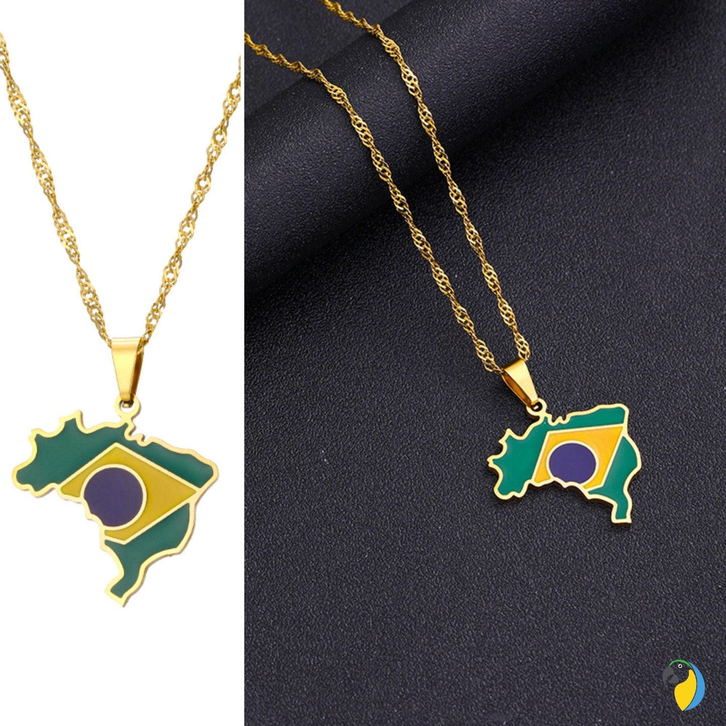 Brazil Map Necklace | Silver Or Gold-Plated Stainless Steel Pendant Of Brazilian National Flag | South American Jewelry Gift For Sports Fan | Papagaio Studio Etsy Shop