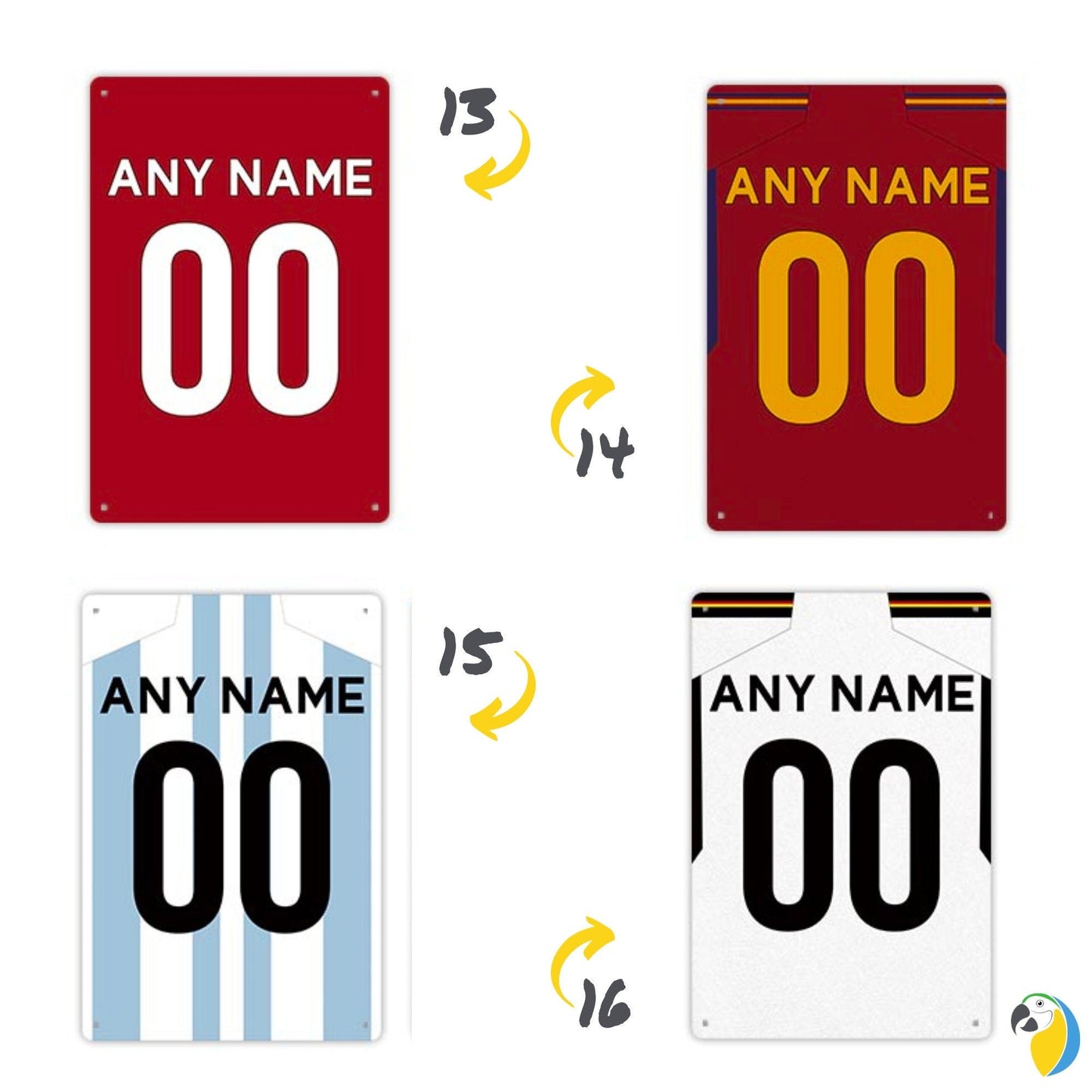 Personalized Football Team Jersey Tin Sign | Custom Name & Number Soccer Shirt Sports Fan Gift | Futsal Player Metal Print | Kids Room Decor | Papagaio Studio Etsy Shop