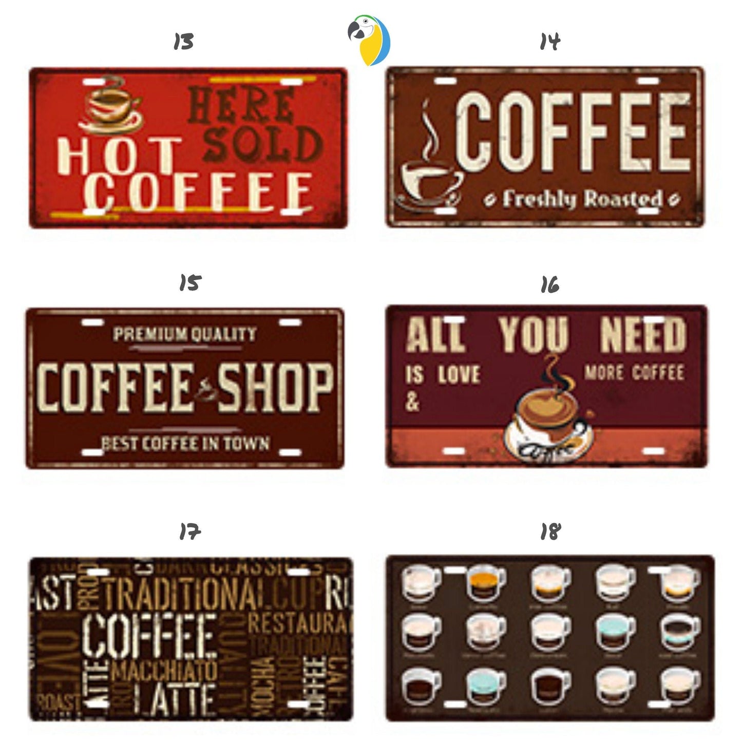 Coffee License Plate Tin Sign For Kitchen Decor | Café Decorative Metal Print | Shabby Chic Wall Hanging Plaques For Cafe Shop Cafeteria | Papagaio Studio Etsy Shop