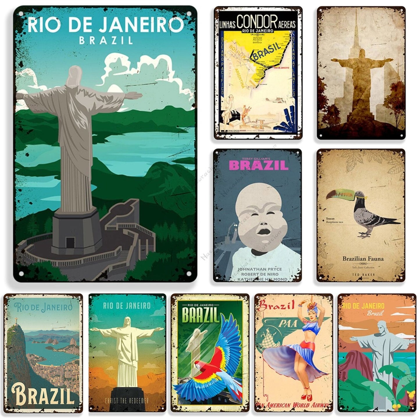 Brazil Vintage Metal Tin Sign • Travel Poster Of Rio de Janeiro, São Paulo, Bahia • Shabby Chic Brazilian Retro Decorative Plaque Wall Decor • Papagaio Studio Etsy Shop