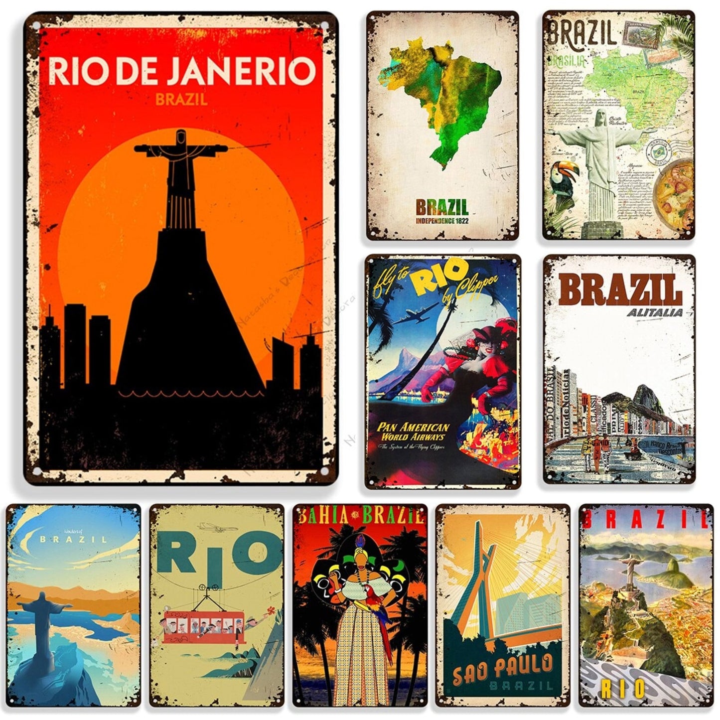 Brazil Vintage Metal Tin Sign • Travel Poster Of Rio de Janeiro, São Paulo, Bahia • Shabby Chic Brazilian Retro Decorative Plaque Wall Decor • Papagaio Studio Etsy Shop