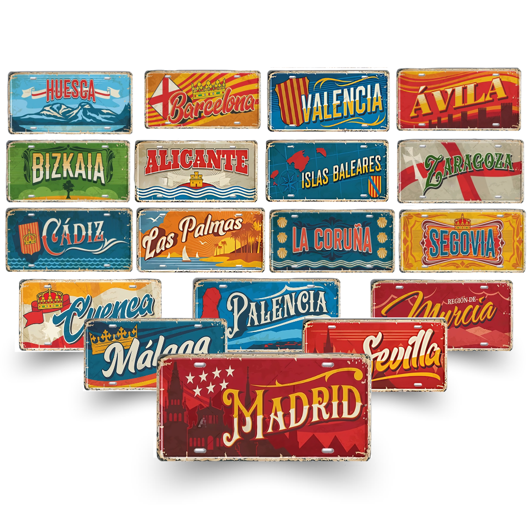 Spanish City License Plate Tin Signs Collection - Vintage Metal Prints featuring 21 iconic Spain destinations