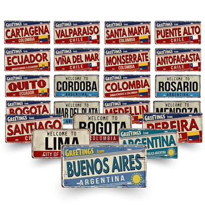 Collection of vintage-style license plate tin signs with city names and national flags on a white background.