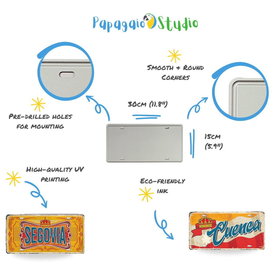Spanish Tin Sign Features - High-quality metal print with eco-friendly ink, pre-drilled holes, 30x15cm size