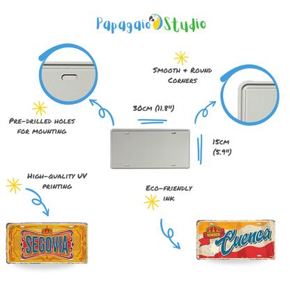 Spanish Tin Sign Features - High-quality metal print with eco-friendly ink, pre-drilled holes, 30x15cm size