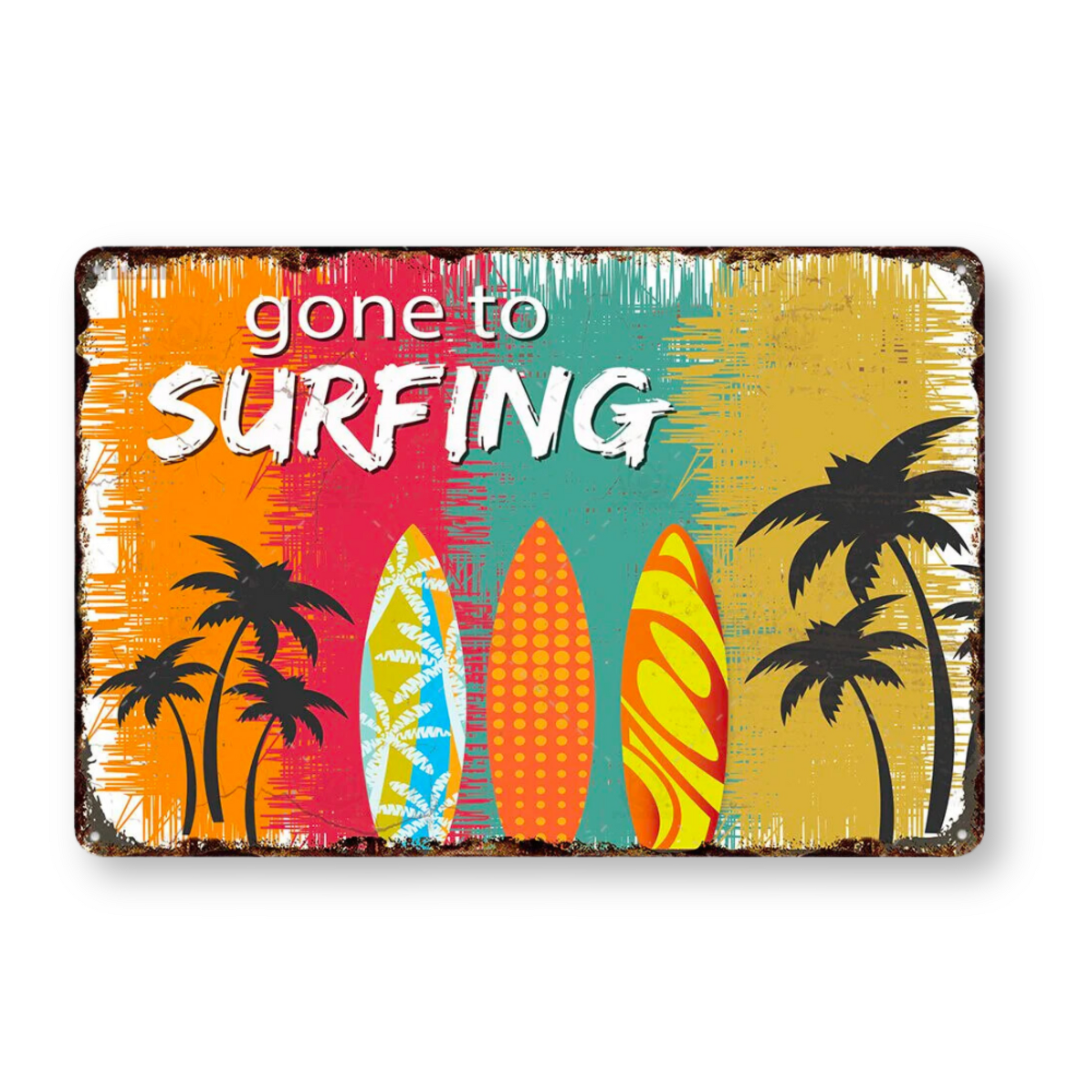 Summer Beach Tin Sign • Vintage Surfing Metal Plaque • Seaside Surfboard Decorative HD Print Wall Hanging Decor for Surf Bar Beach House • Papagaio Studio Design Shop